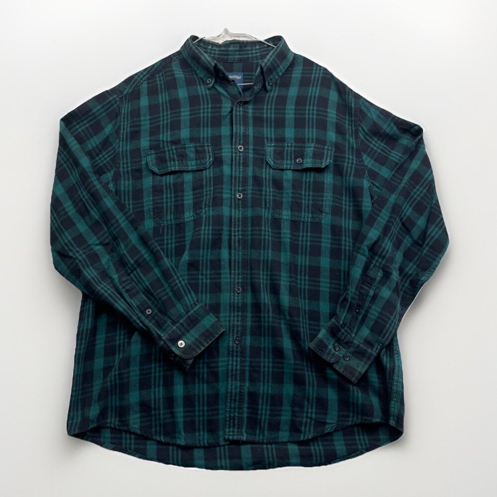 Faded Glory Green / Blue Plaid Flannel Long Sleeve Button Up Mens L Outdoor